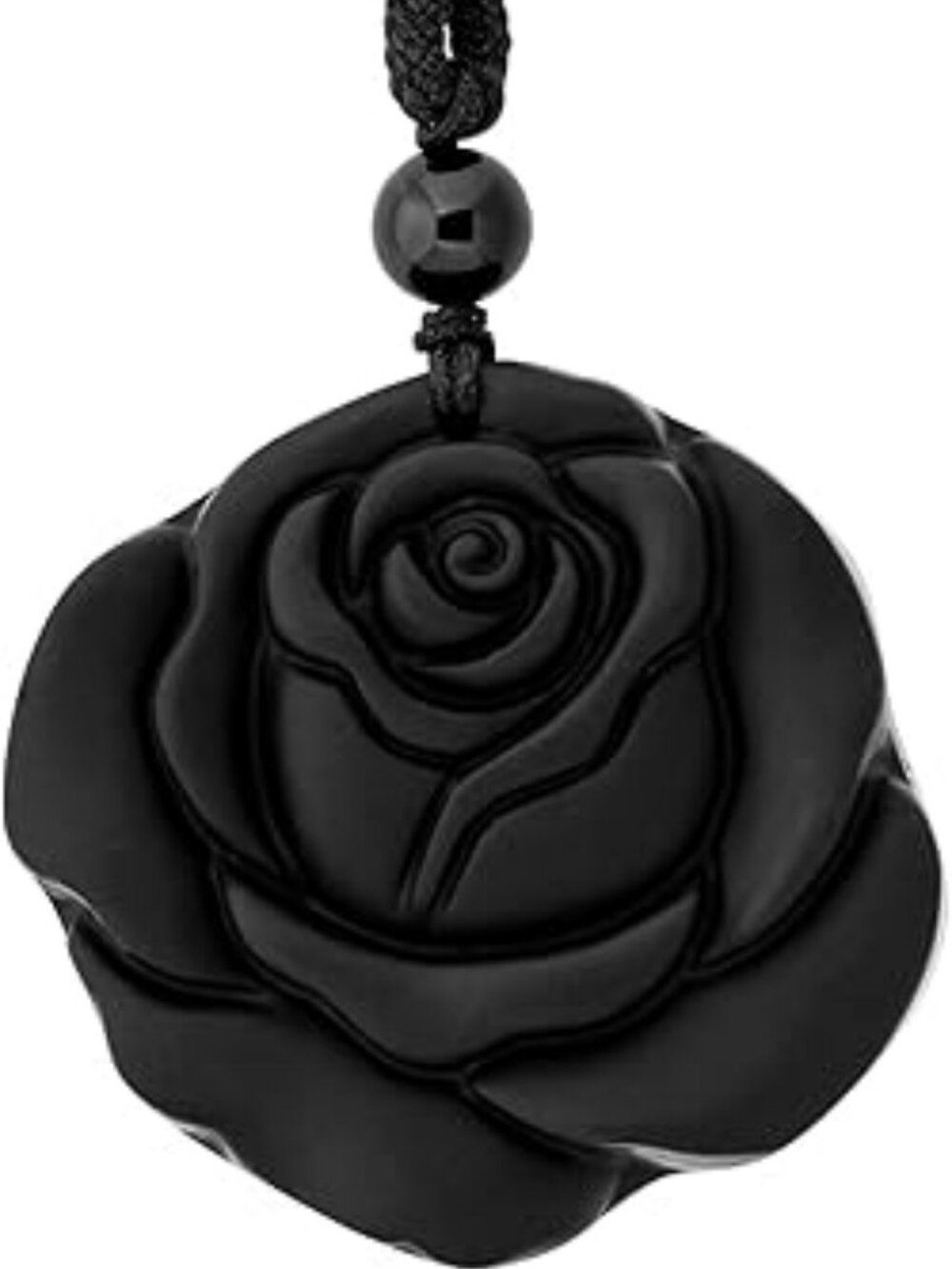 NEW Gothic Black Obsidian Rose Floral Pendant Necklace w‎ Braided Cord Goth Punk